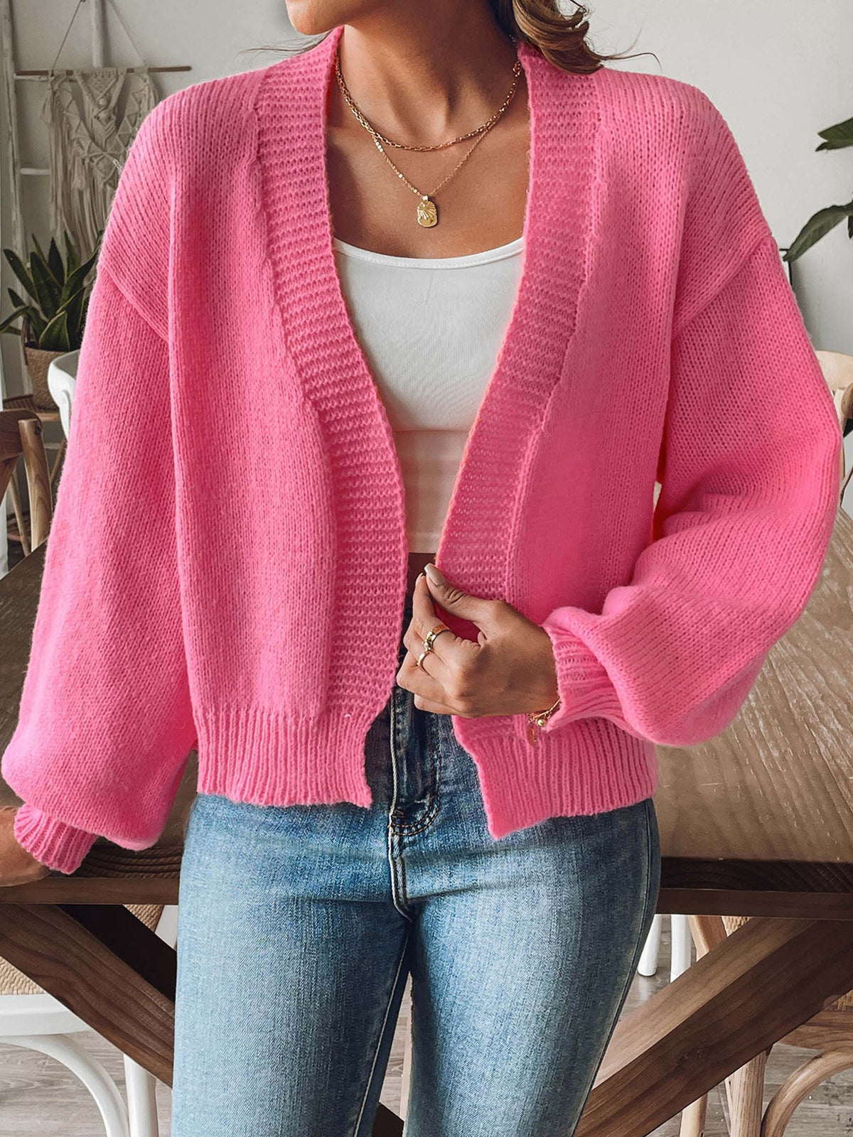 Balloon Sleeve Open Front Cropped Cardigan - Fuchsia - 1