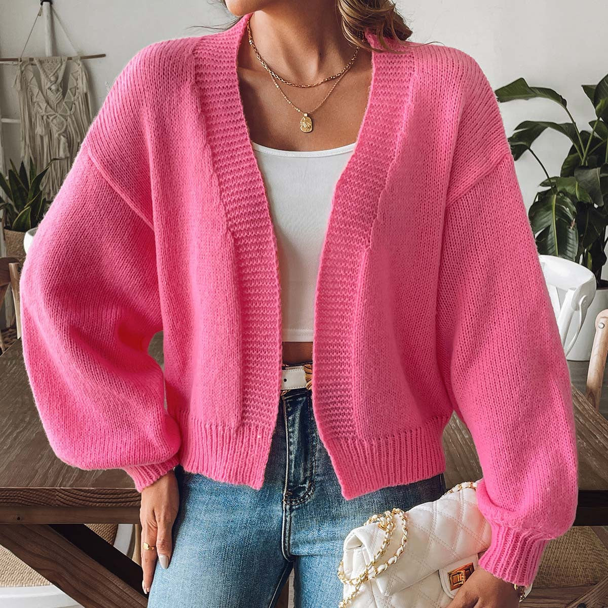 Balloon Sleeve Open Front Cropped Cardigan - Fuchsia - 3