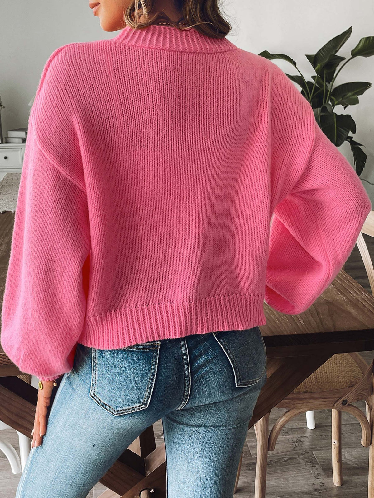 Balloon Sleeve Open Front Cropped Cardigan - Fuchsia - 5
