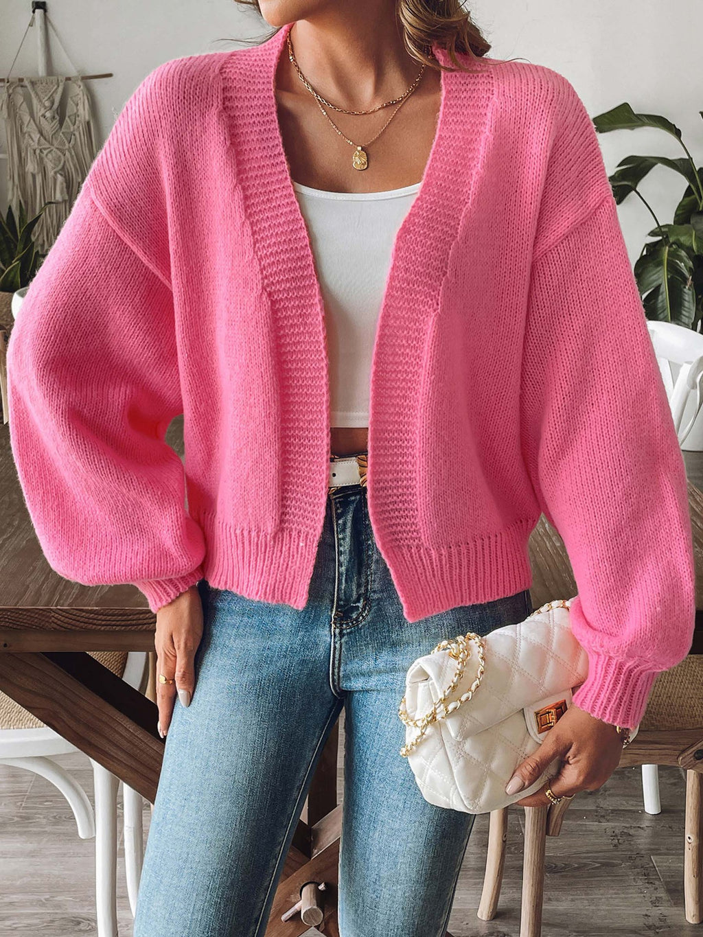 Balloon Sleeve Open Front Cropped Cardigan - Fuchsia - 6