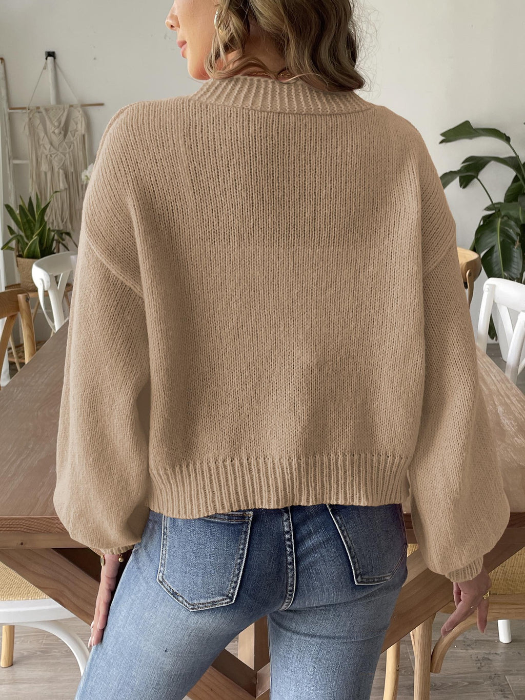Balloon Sleeve Open Front Cropped Cardigan - Khaki - 2