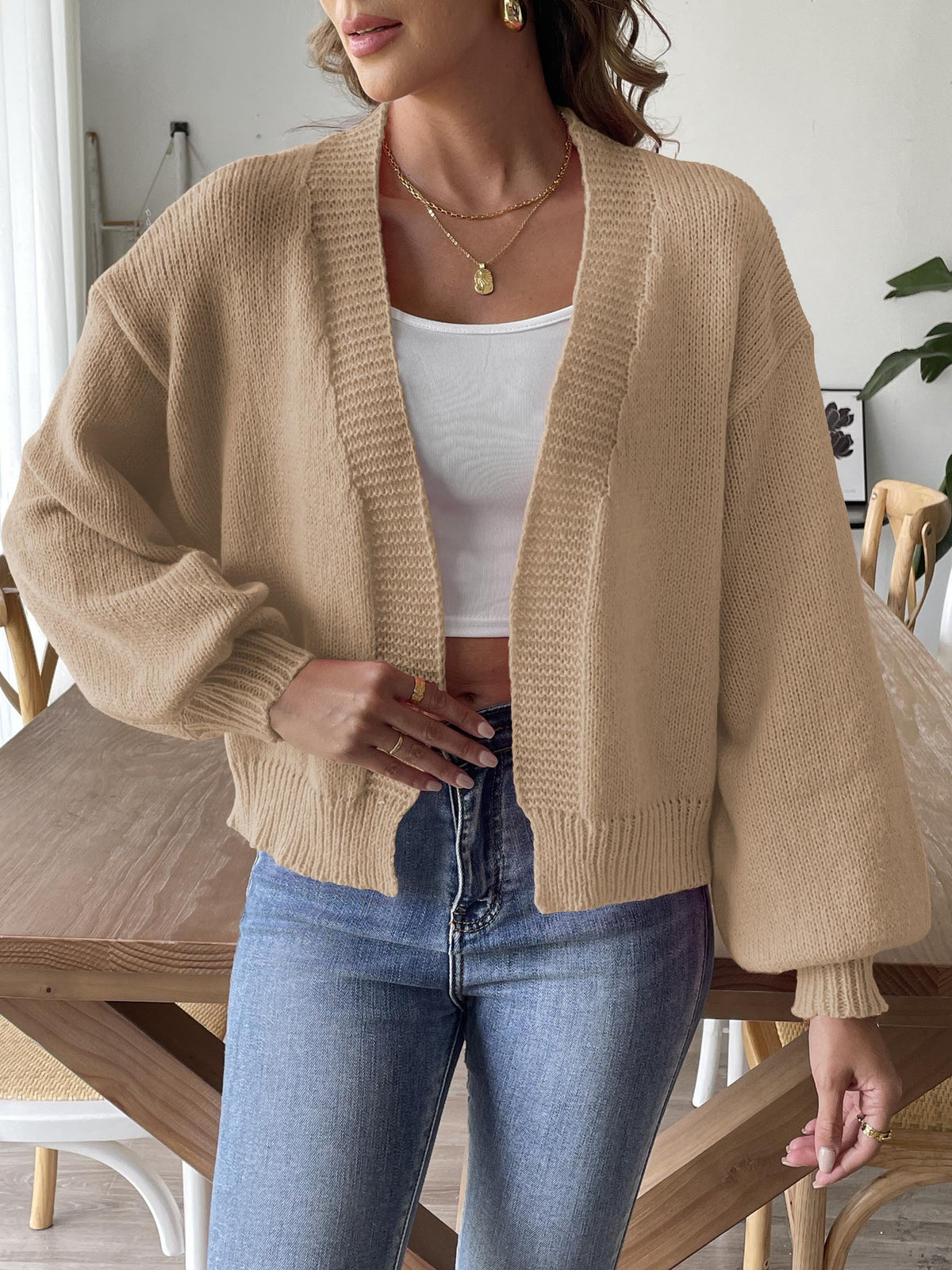 Balloon Sleeve Open Front Cropped Cardigan - Khaki - 3