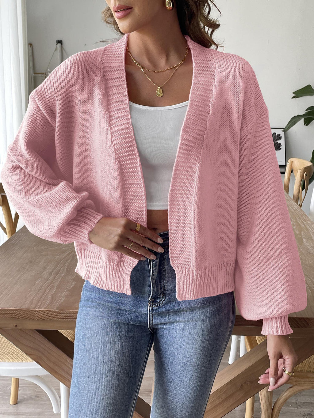 Balloon Sleeve Open Front Cropped Cardigan - Pink