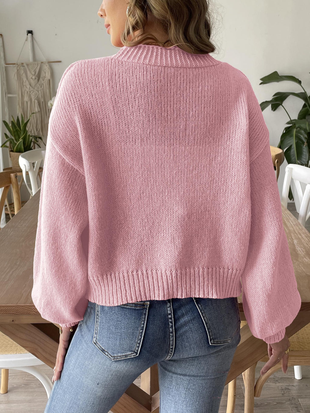 Balloon Sleeve Open Front Cropped Cardigan - Pink - 2