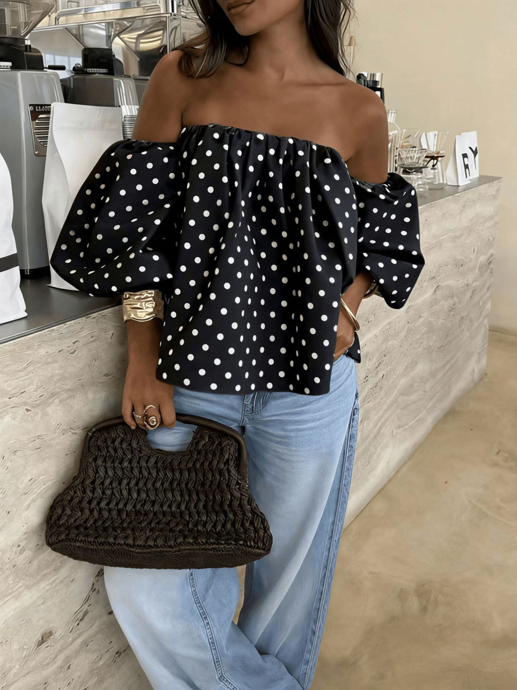 Off-Shoulder Polka-Dot Blouse with Puff Balloon Sleeves - Black