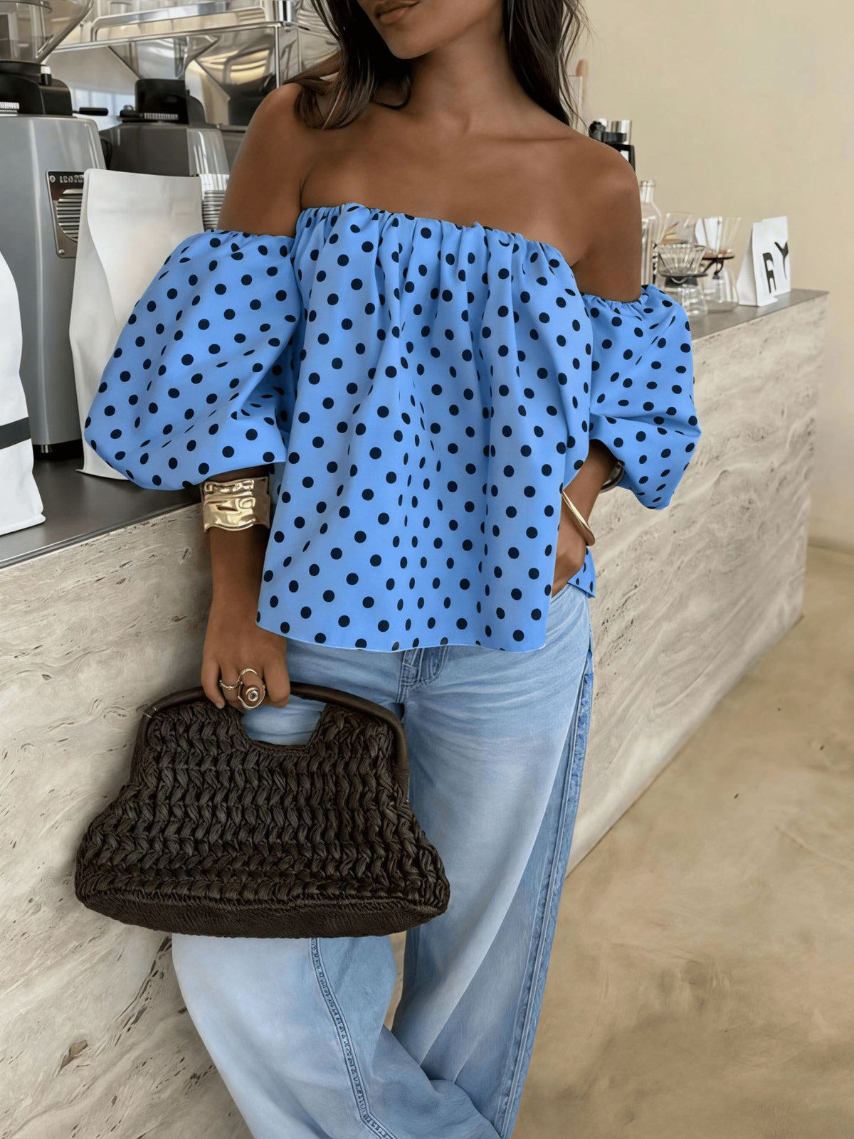 Off-Shoulder Polka-Dot Blouse with Puff Balloon Sleeves - Blue