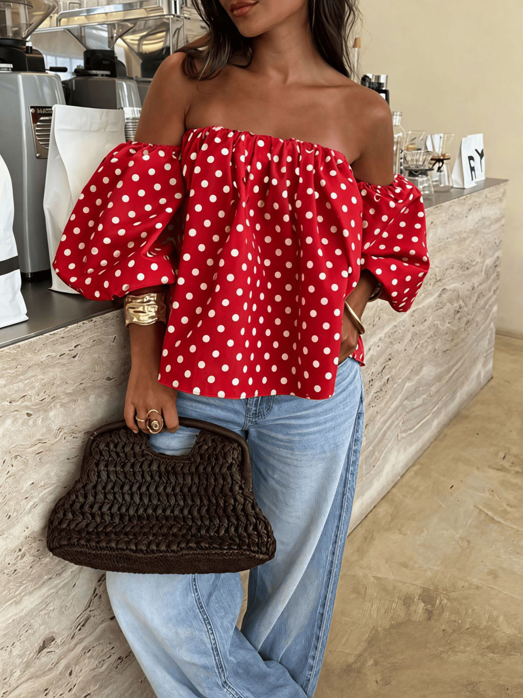 Off-Shoulder Polka-Dot Blouse with Puff Balloon Sleeves - Red