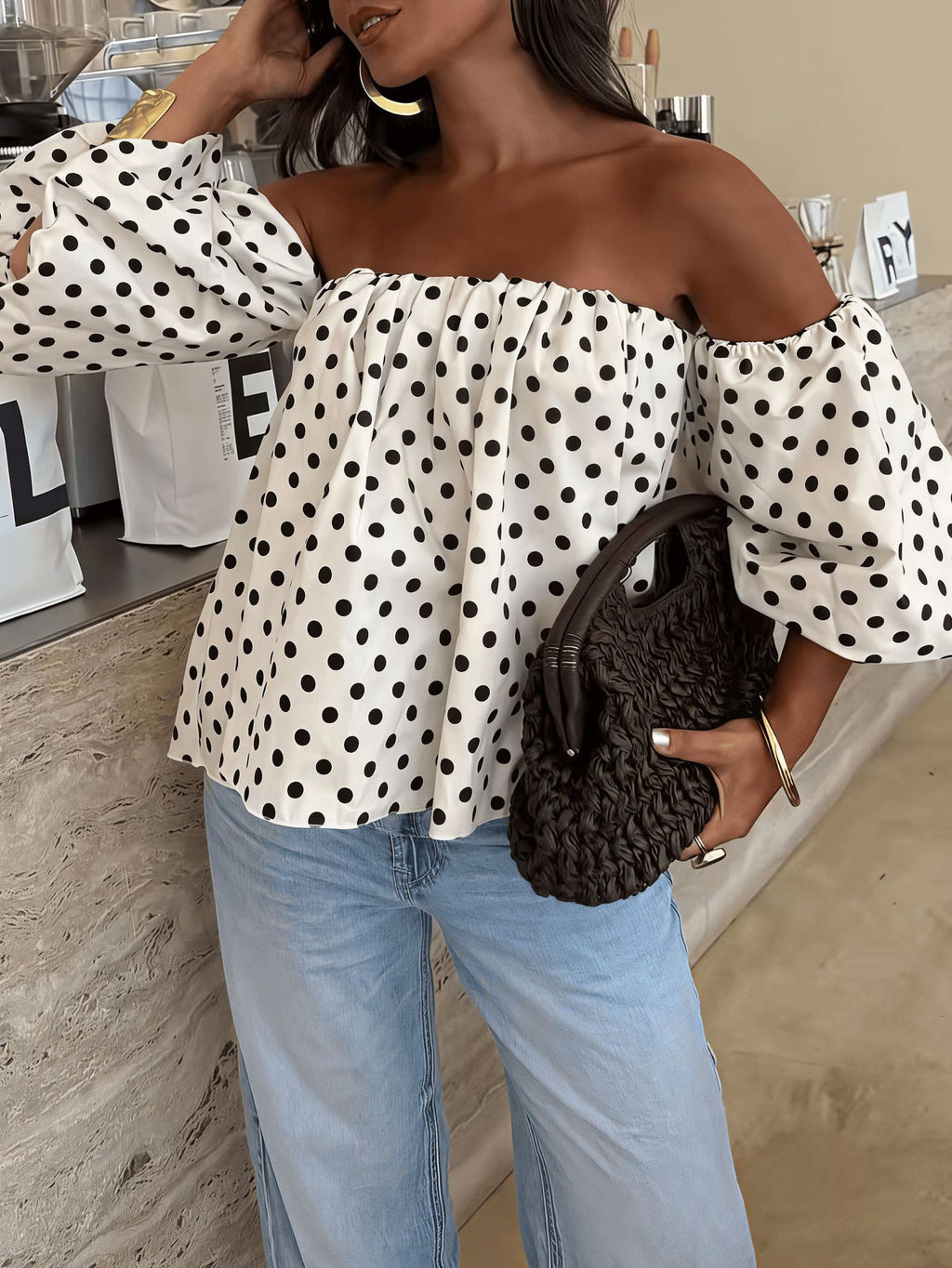 Off-Shoulder Polka-Dot Blouse with Puff Balloon Sleeves - White - 2