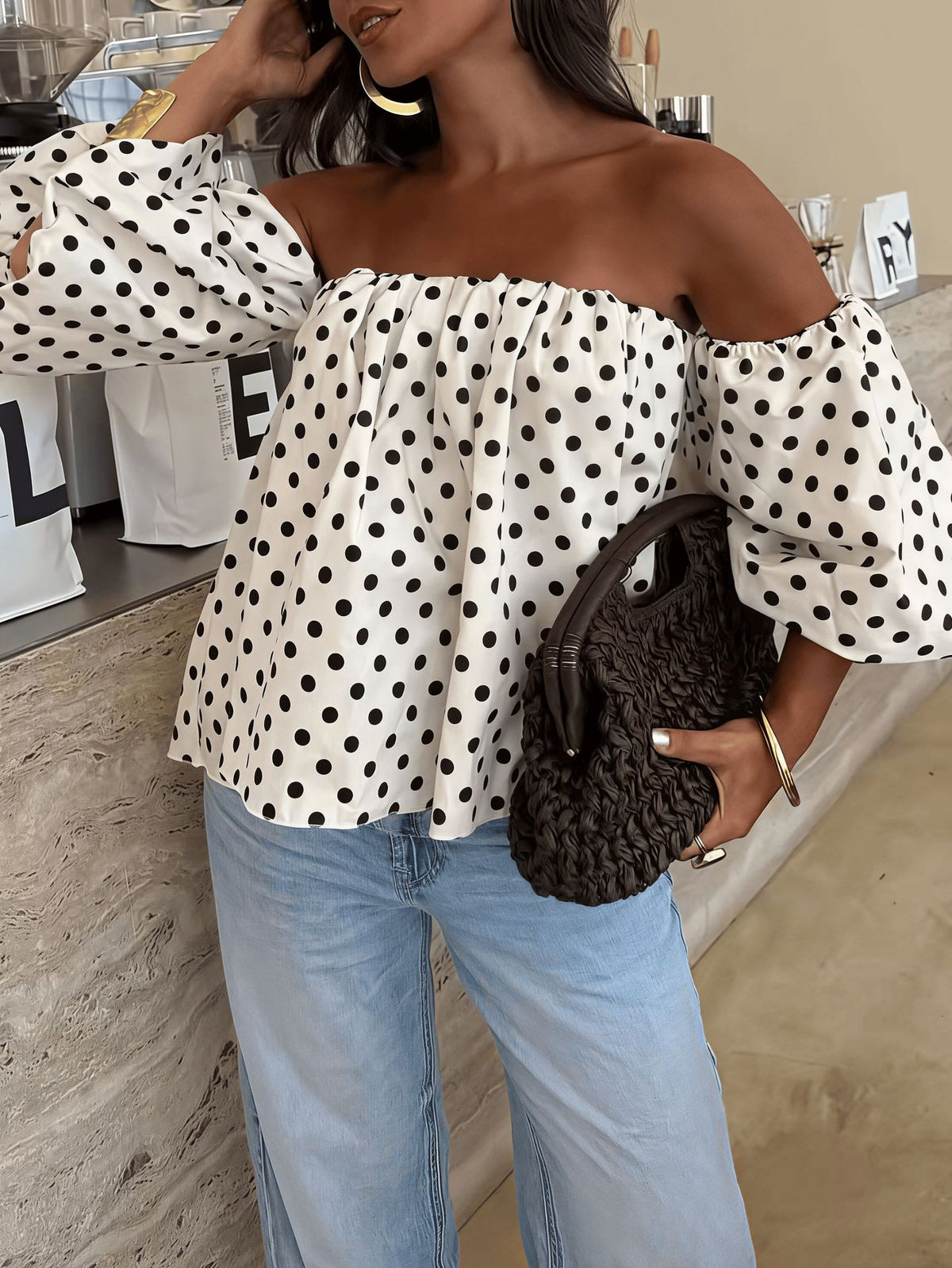Off-Shoulder Polka-Dot Blouse with Puff Balloon Sleeves - White - 2