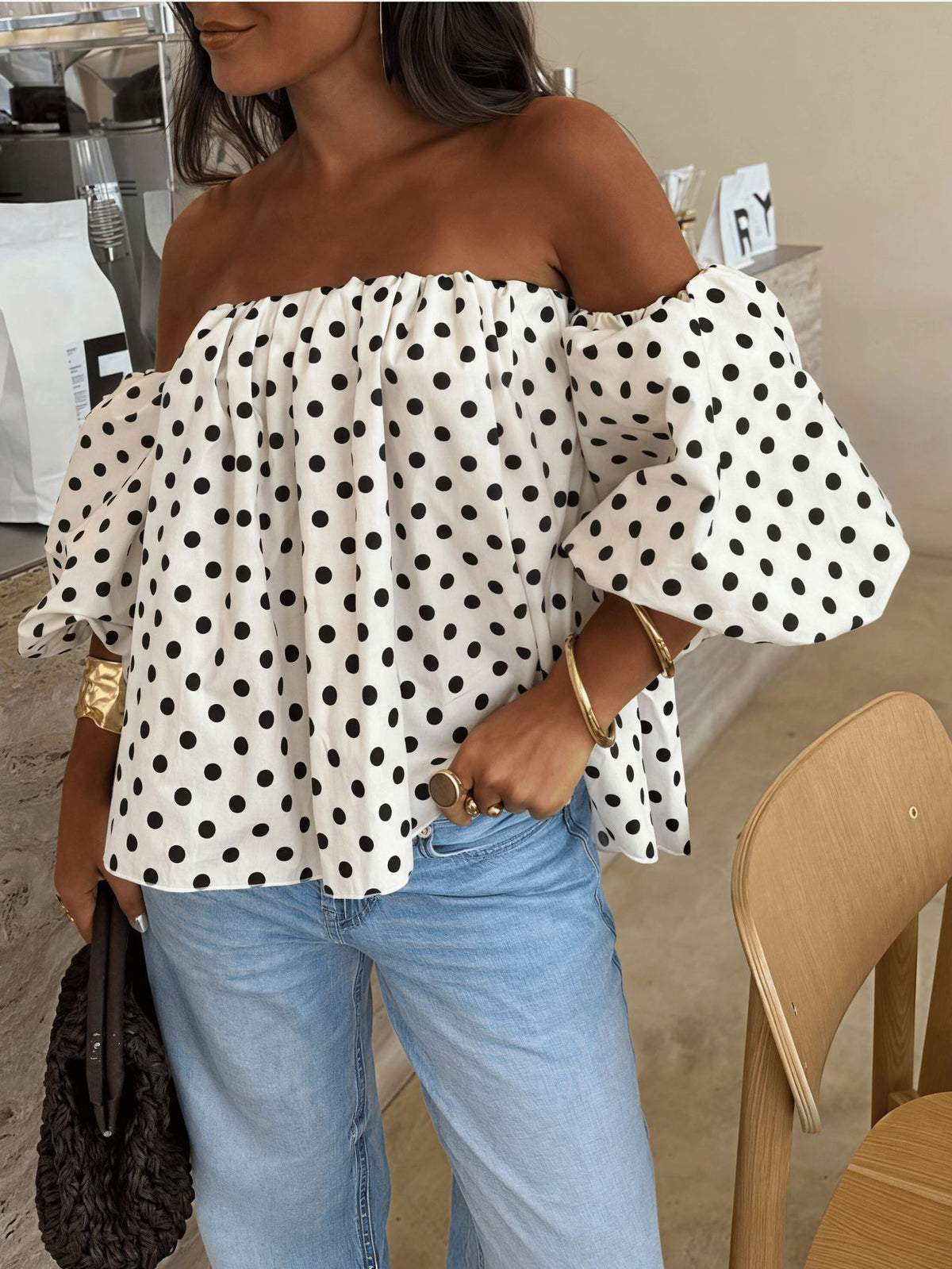 Off-Shoulder Polka-Dot Blouse with Puff Balloon Sleeves - White - 3