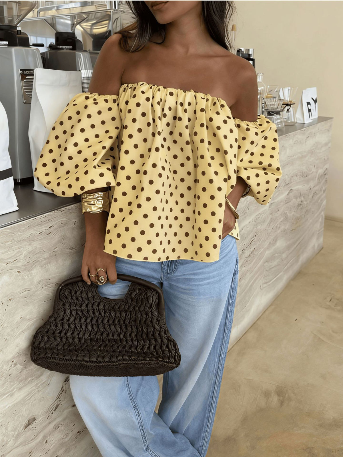 Off-Shoulder Polka-Dot Blouse with Puff Balloon Sleeves - Yellow