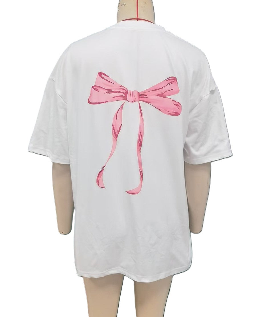 Coquette Bow Print Oversized Tee - White - 1