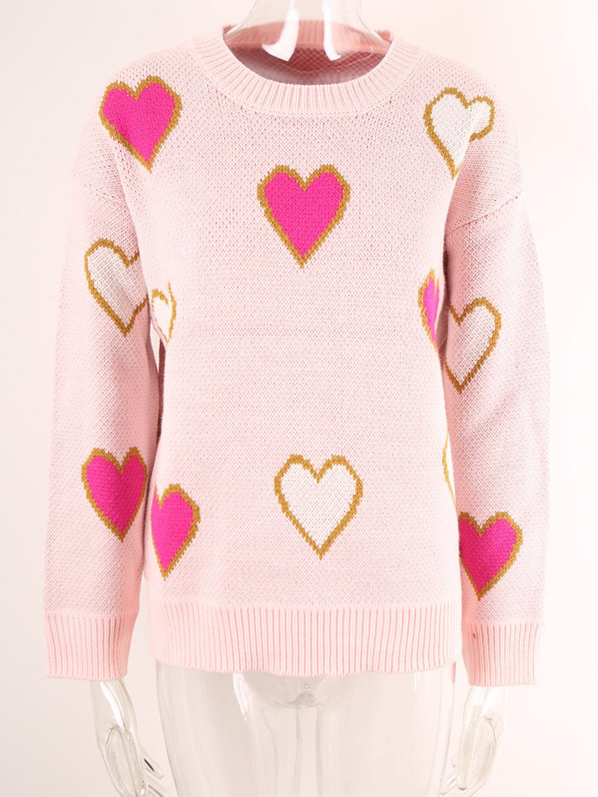 Scattered Heart Jacquard Drop Shoulder Sweater - Pink