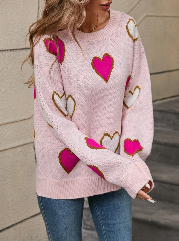 Scattered Heart Jacquard Drop Shoulder Sweater - Pink - 1