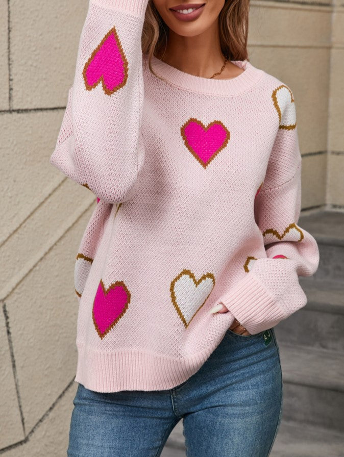 Scattered Heart Jacquard Drop Shoulder Sweater - Pink - 2