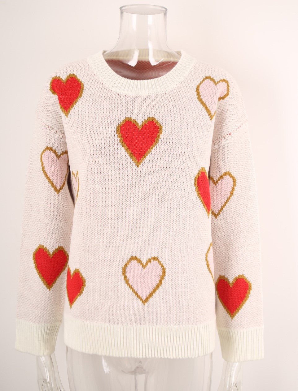 Scattered Heart Jacquard Drop Shoulder Sweater - White