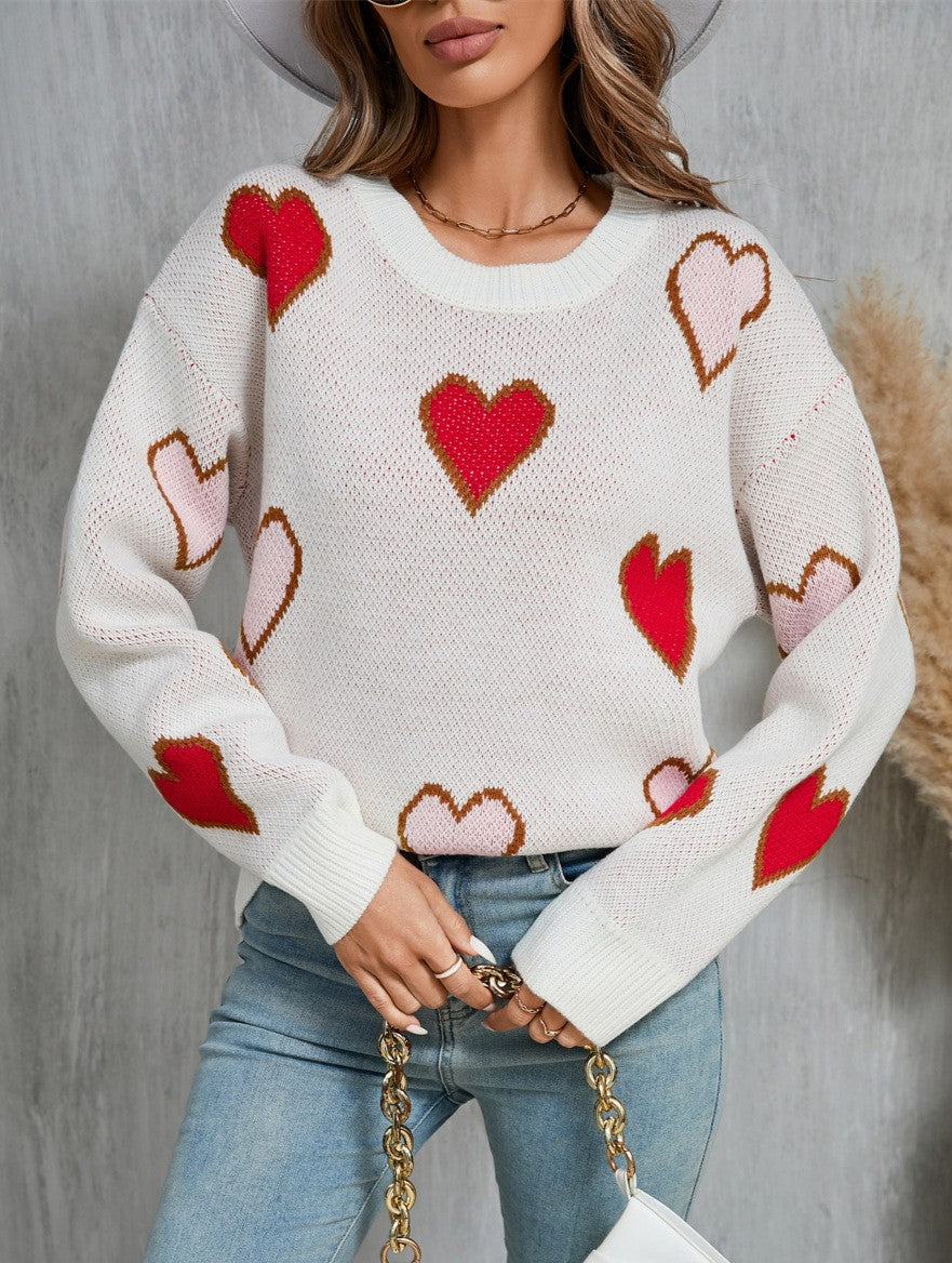 Scattered Heart Jacquard Drop Shoulder Sweater - White - 1