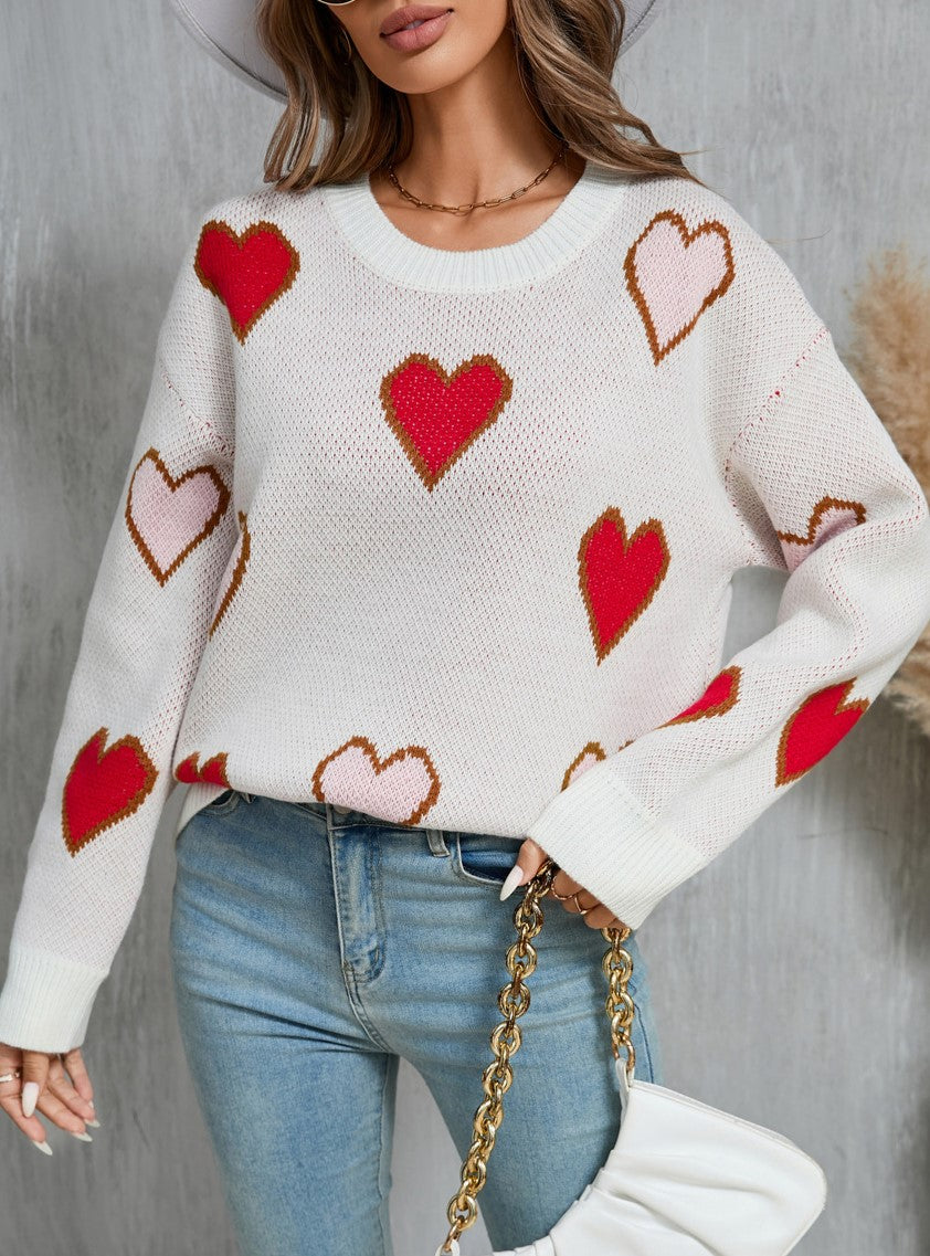 Scattered Heart Jacquard Drop Shoulder Sweater - White - 2