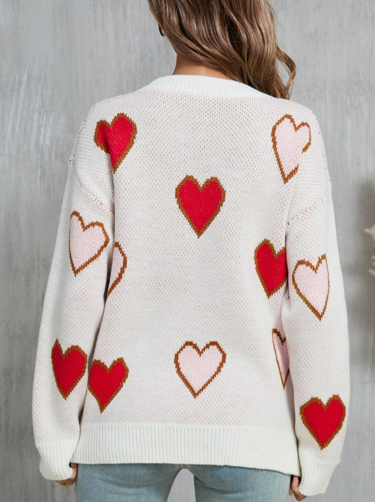 Scattered Heart Jacquard Drop Shoulder Sweater - White - 3