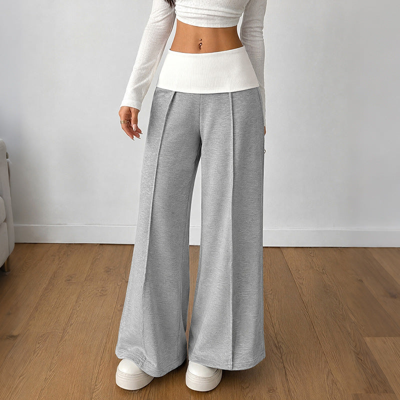 Fold Over Waistband Wide Leg Sweatpants - Grey