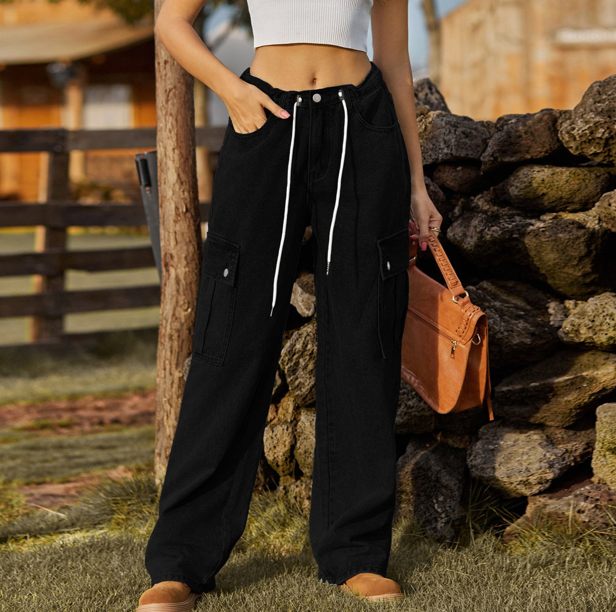 High Waist Drawstring Cargo Wide Leg Jeans - Black