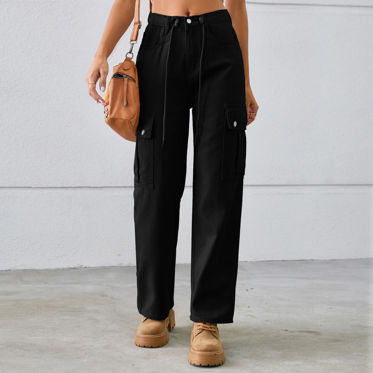High Waist Drawstring Cargo Wide Leg Jeans - Black - 1