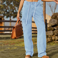 High Waist Drawstring Cargo Wide Leg Jeans - Blue