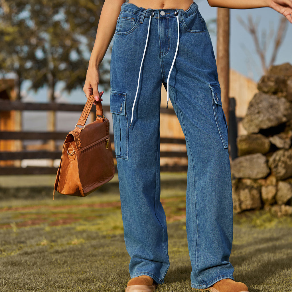 High Waist Drawstring Cargo Wide Leg Jeans - Darkblue