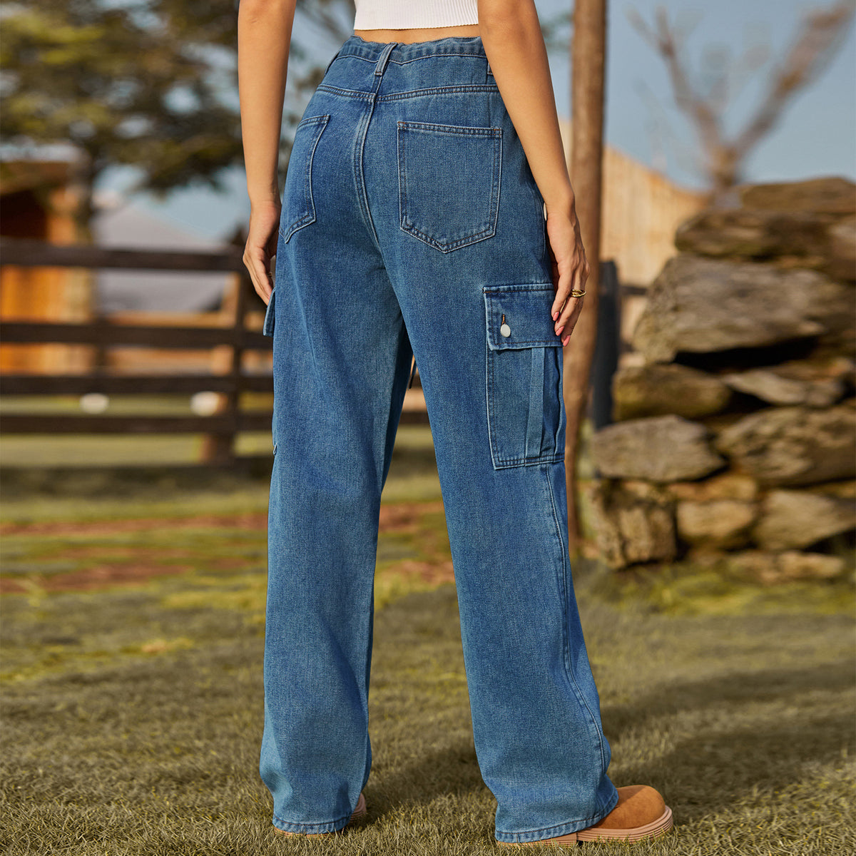 High Waist Drawstring Cargo Wide Leg Jeans - Darkblue - 1
