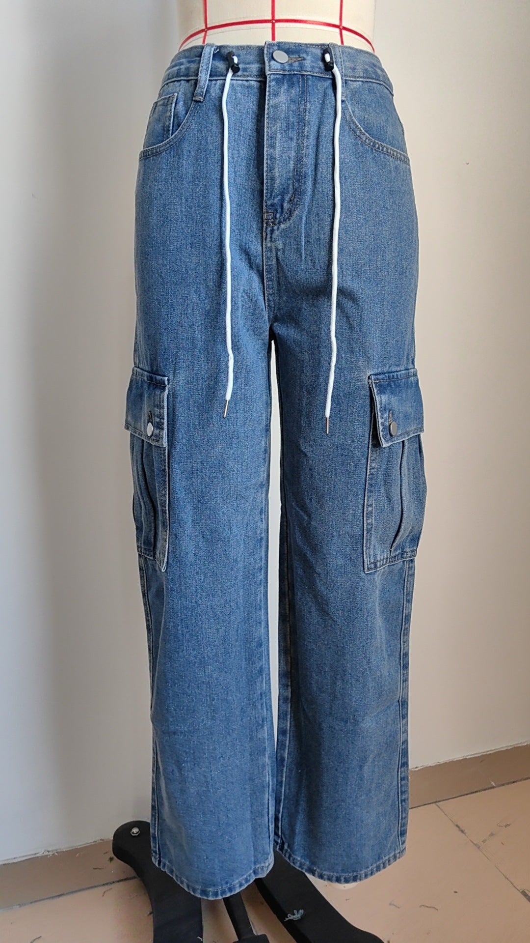 High Waist Drawstring Cargo Wide Leg Jeans - Darkblue - 2