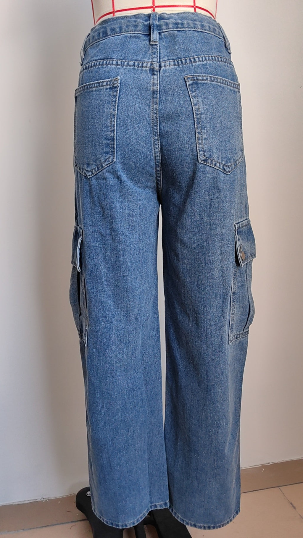 High Waist Drawstring Cargo Wide Leg Jeans - Darkblue - 3