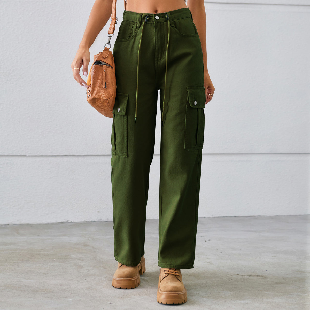 High Waist Drawstring Cargo Wide Leg Jeans - Green