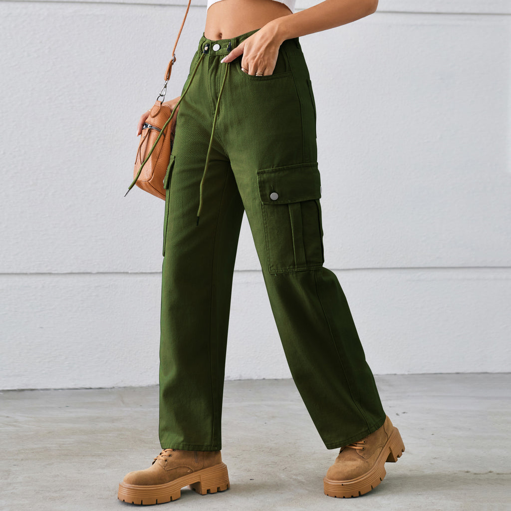 High Waist Drawstring Cargo Wide Leg Jeans - Green - 1