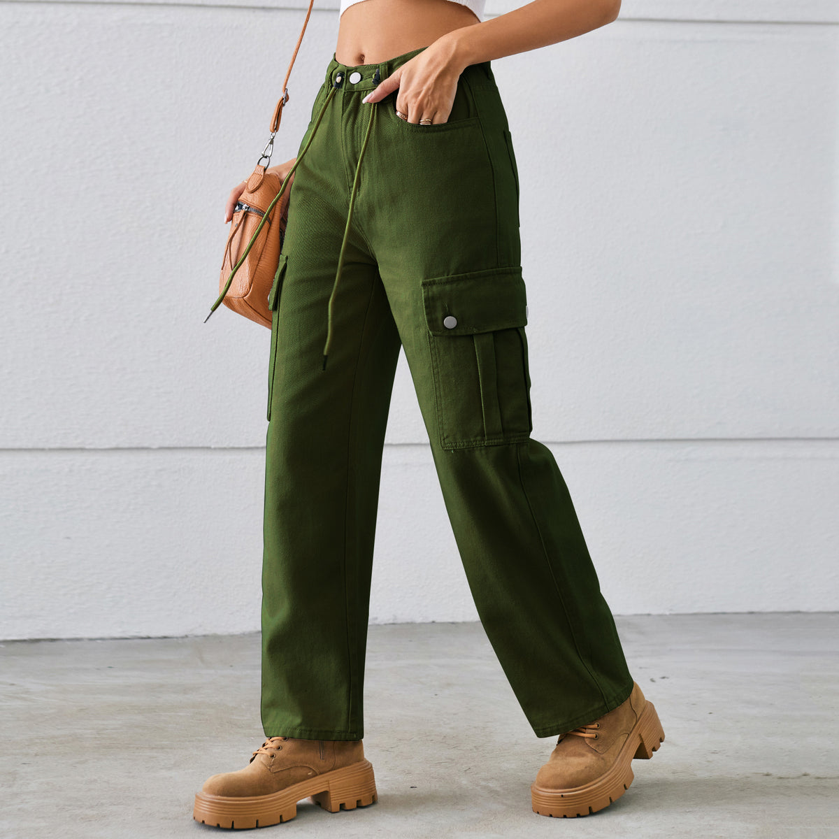 High Waist Drawstring Cargo Wide Leg Jeans - Green - 1
