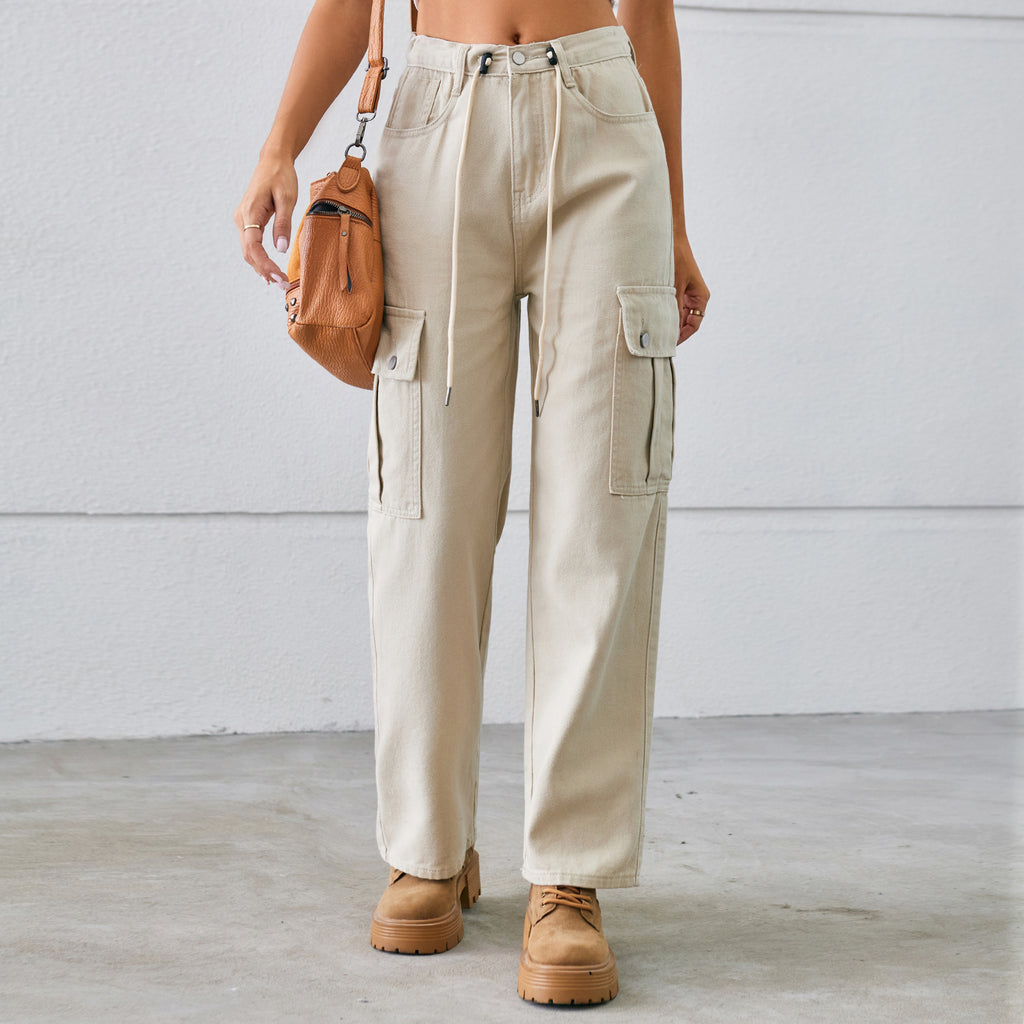 High Waist Drawstring Cargo Wide Leg Jeans - Khaki