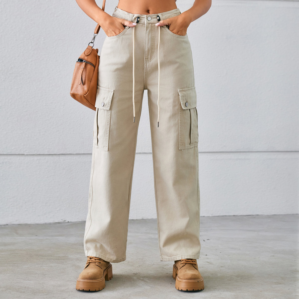 High Waist Drawstring Cargo Wide Leg Jeans - Khaki - 1