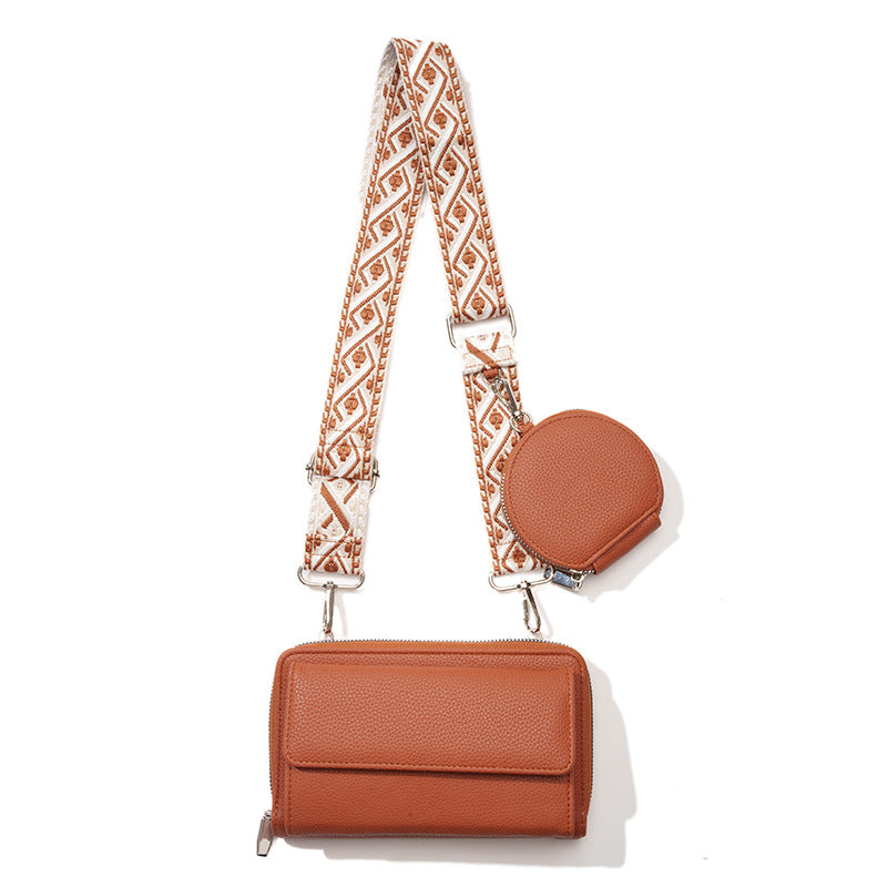 Woven Strap Phone Wallet Crossbody Set - Brown