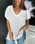 Waffle Knit V Neck Pocket Top - White