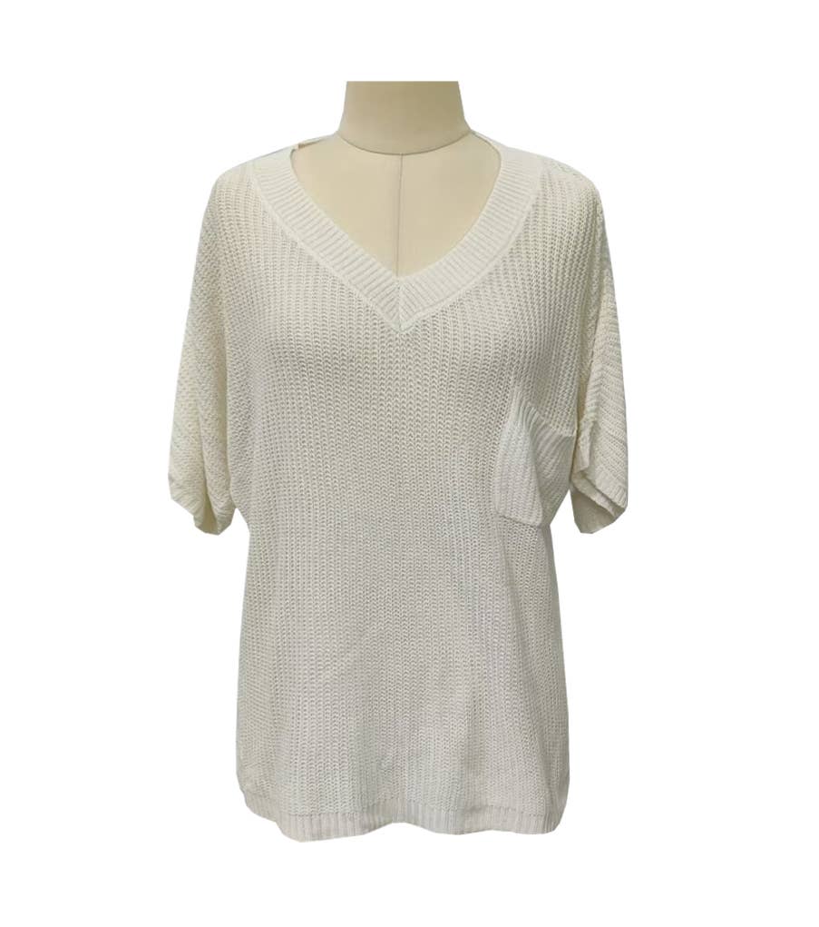 Waffle Knit V Neck Pocket Top