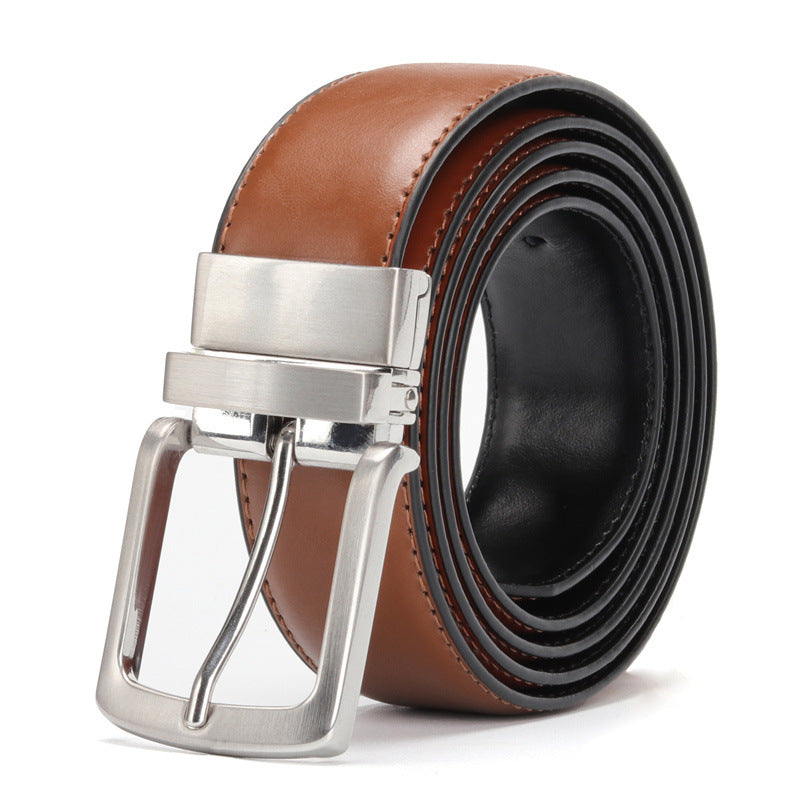 Reversible Rotating Buckle Leather Belt - Brown