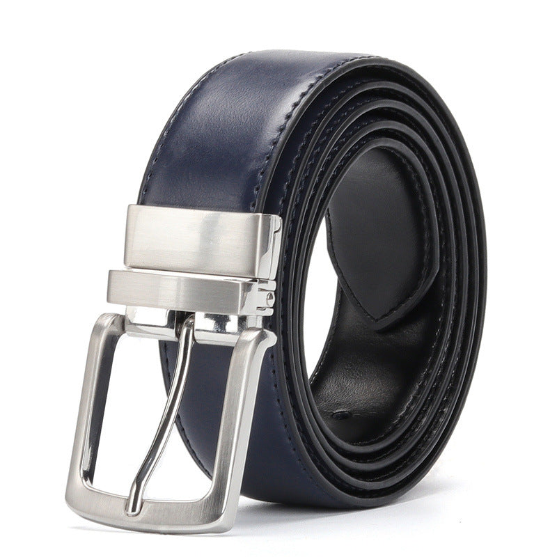 Reversible Rotating Buckle Leather Belt - Deep_Blue