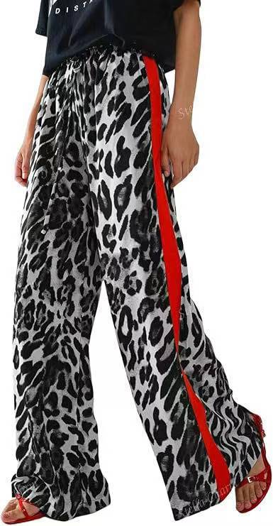 Animal Print Side Stripe Wide Leg Pants - Grey
