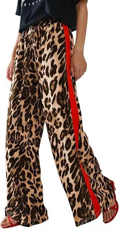 Animal Print Side Stripe Wide Leg Pants - Yellow