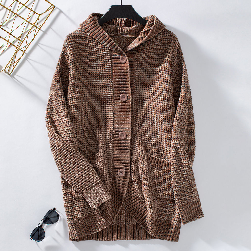 Hooded Waffle Knit Button Cardigan - Curry