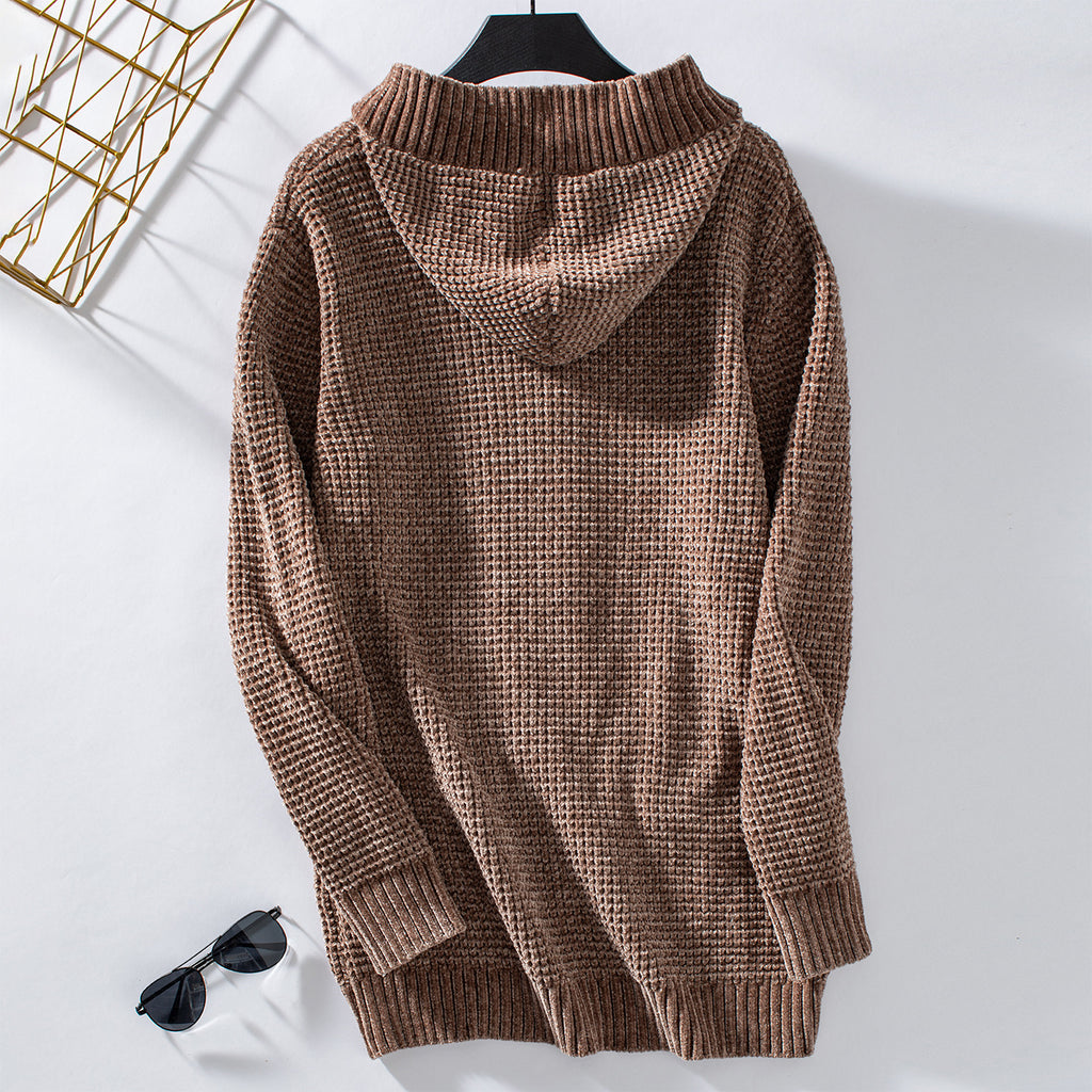 Hooded Waffle Knit Button Cardigan - Curry - 1