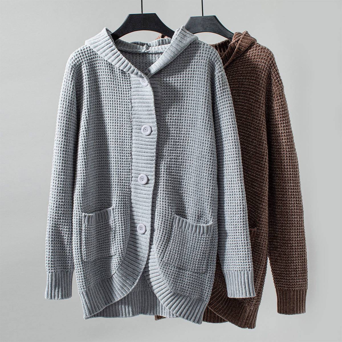 Hooded Waffle Knit Button Cardigan - Curry - 2