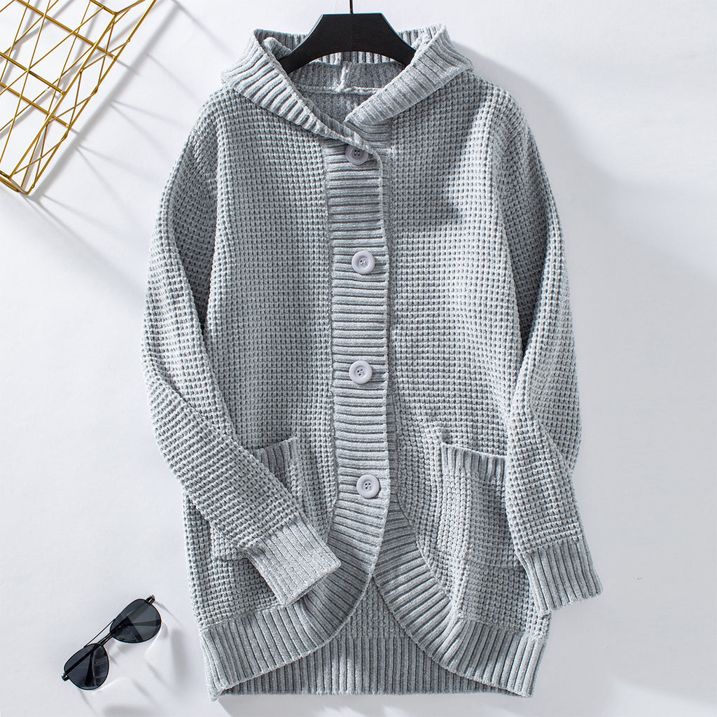 Hooded Waffle Knit Button Cardigan - Grey