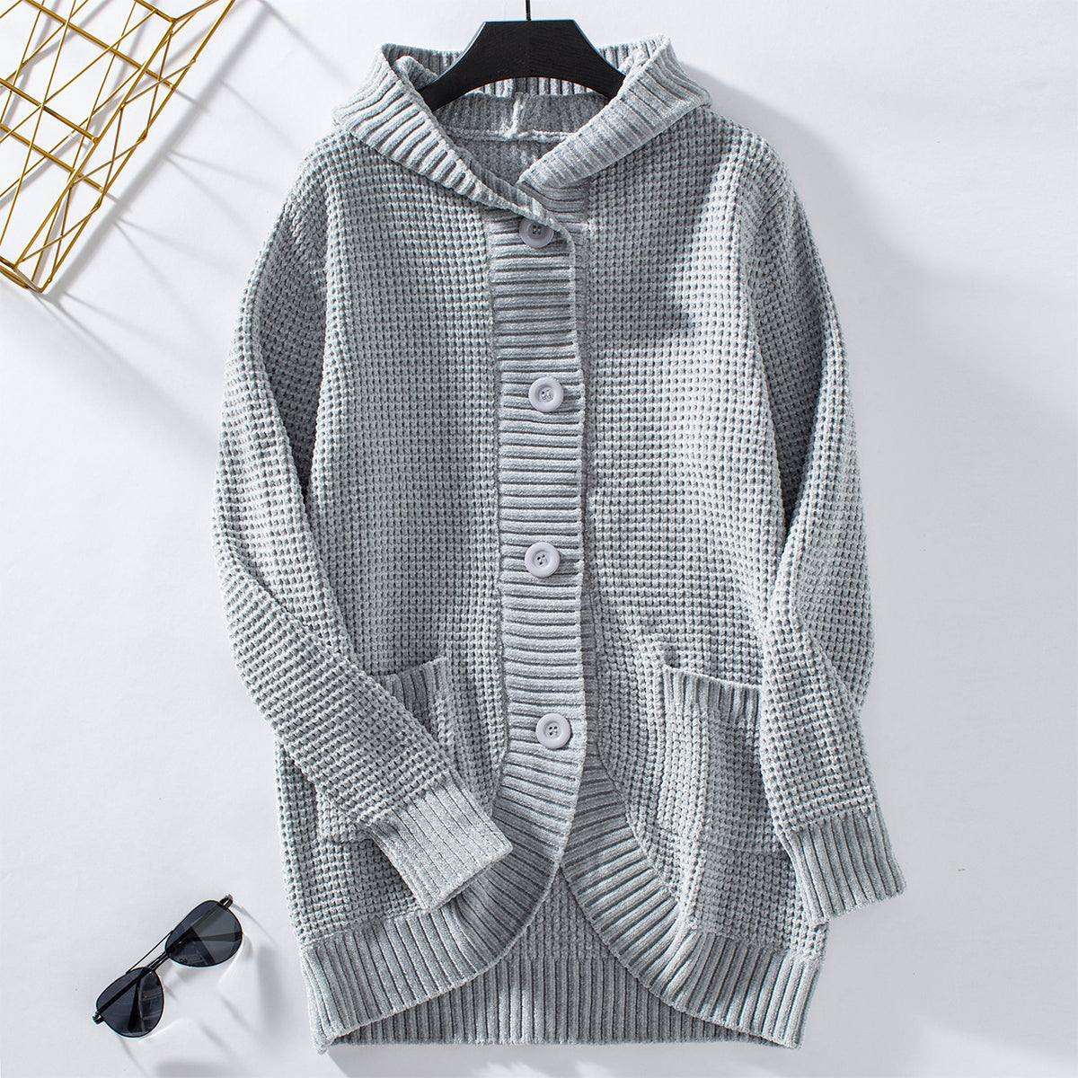 Hooded Waffle Knit Button Cardigan - Grey