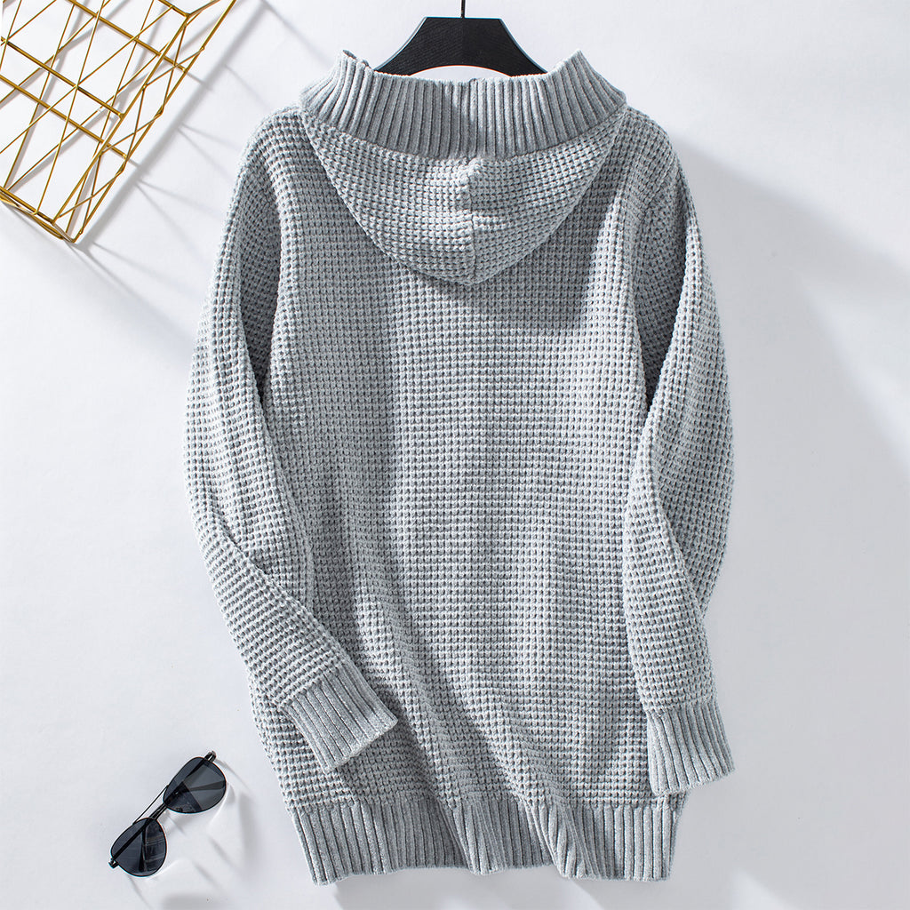 Hooded Waffle Knit Button Cardigan - Grey - 1