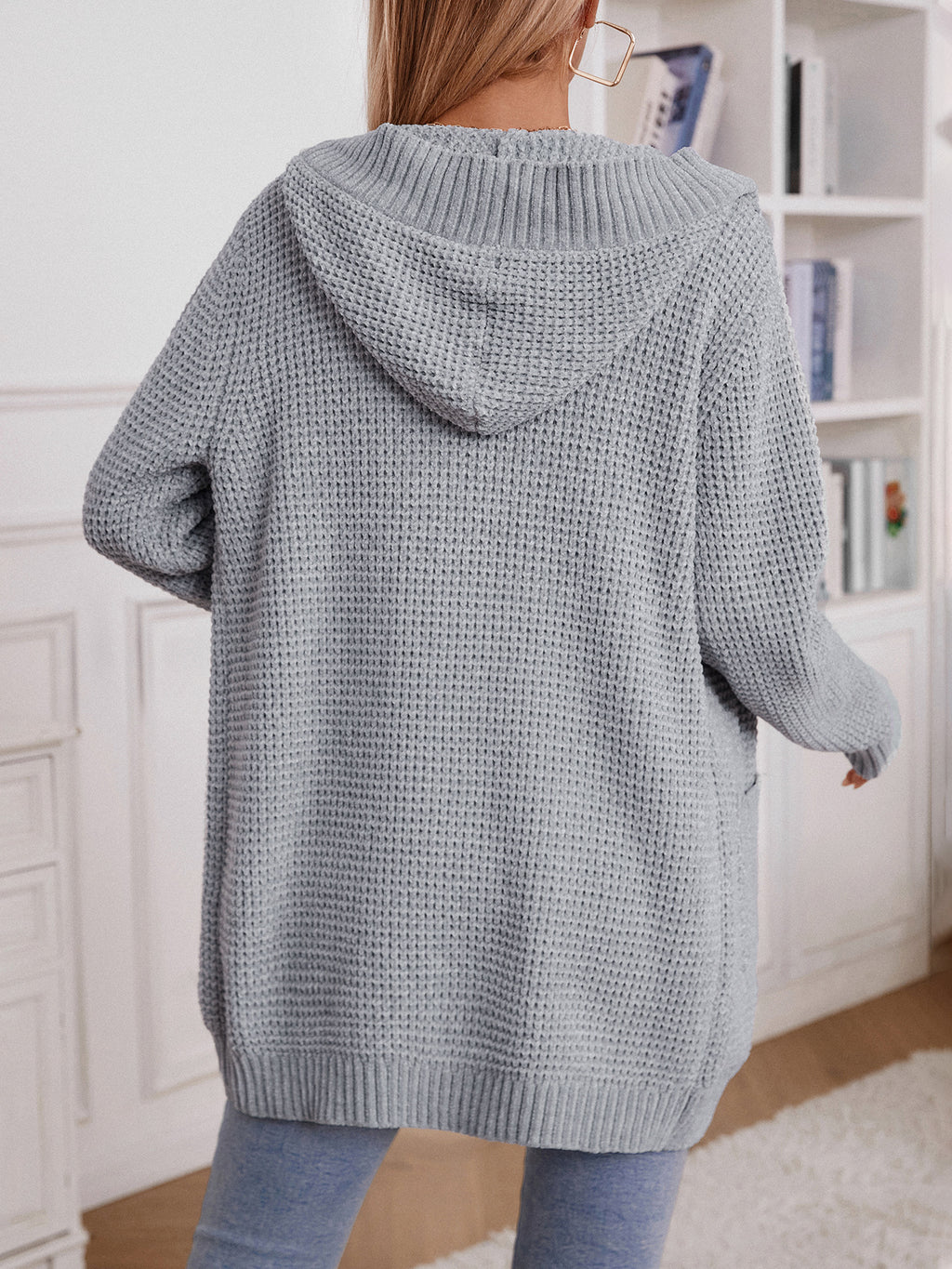 Hooded Waffle Knit Button Cardigan - Grey - 3